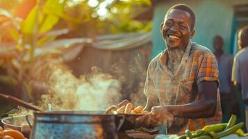 Afrikaanse Mens Koken buitenshuis glimlachen genieten van foto