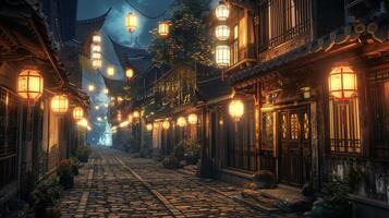 oude stad straat verlichte door lantaarns tonen foto