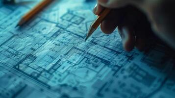 architect blauwdruk geschetst met potlood Aan papier foto