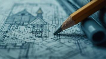 architect blauwdruk geschetst met potlood Aan papier foto