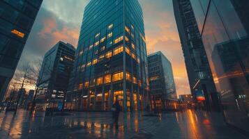 architectuur van een modern stad gebouw Bij schemer foto