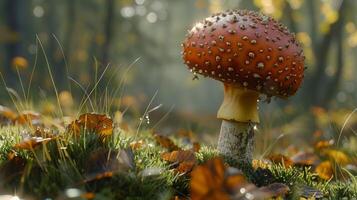 herfst Woud dichtbij omhoog van eetbaar paddestoel Aan gras foto