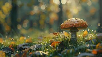 herfst Woud dichtbij omhoog van eetbaar paddestoel Aan gras foto