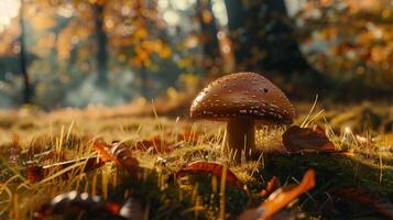 herfst Woud dichtbij omhoog van eetbaar paddestoel Aan gras foto