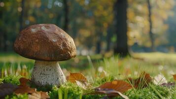 herfst Woud dichtbij omhoog van eetbaar paddestoel Aan gras foto