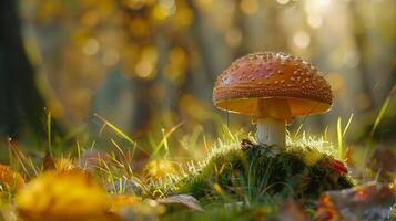 herfst Woud dichtbij omhoog van eetbaar paddestoel Aan gras foto