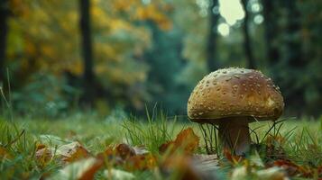 herfst Woud dichtbij omhoog van eetbaar paddestoel Aan gras foto