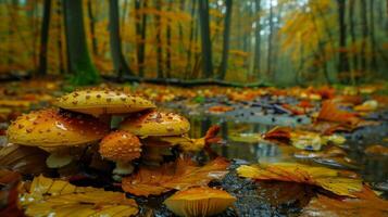 herfst Woud groen bladeren geel paddestoelen foto