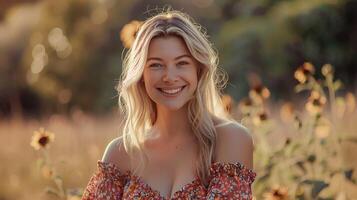 mooi blond vrouw in een bloemen jurk glimlachen foto