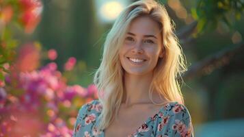 mooi blond vrouw in een bloemen jurk glimlachen foto