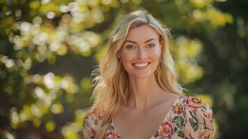 mooi blond vrouw in een bloemen jurk glimlachen foto