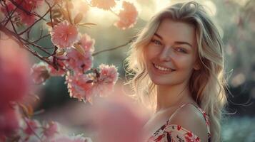 mooi blond vrouw in een bloemen jurk glimlachen foto