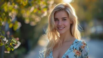 mooi blond vrouw in een bloemen jurk glimlachen foto