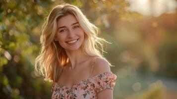 mooi blond vrouw in een bloemen jurk glimlachen foto