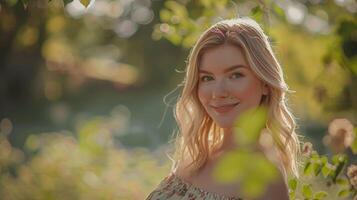 mooi blond vrouw in een bloemen jurk glimlachen foto