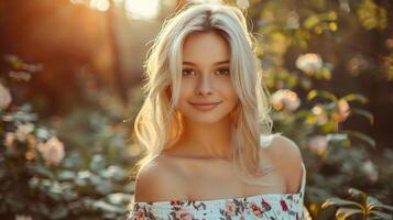 mooi blond vrouw in een bloemen jurk glimlachen foto