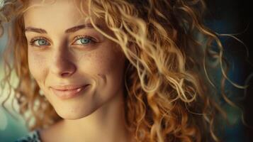 mooi blond vrouw met gekruld haar- op zoek foto