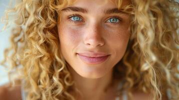 mooi blond vrouw met gekruld haar- op zoek foto