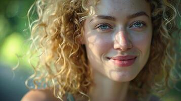 mooi blond vrouw met gekruld haar- op zoek foto