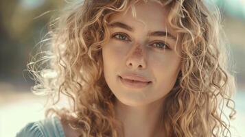 mooi blond vrouw met gekruld haar- op zoek foto