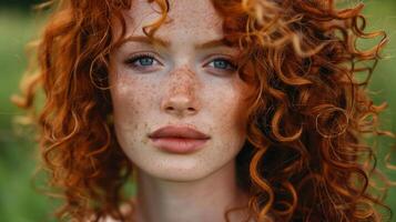 mooi roodharige vrouw met gekruld haar- op zoek foto