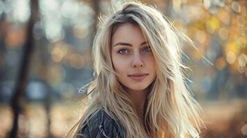 mooi vrouw met lang blond haar- op zoek foto