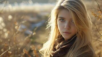 mooi vrouw met lang blond haar- op zoek foto