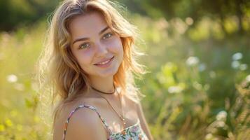 mooi jong vrouw in een zomer jurk glimlachen foto