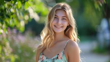 mooi jong vrouw in een zomer jurk glimlachen foto