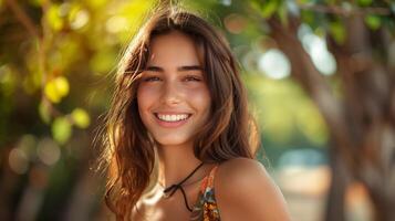 mooi jong vrouw in een zomer jurk glimlachen foto