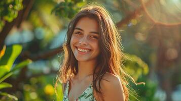 mooi jong vrouw in een zomer jurk glimlachen foto