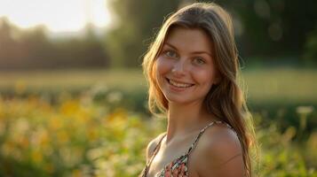 mooi jong vrouw in een zomer jurk glimlachen foto