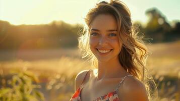 mooi jong vrouw in een zomer jurk glimlachen foto