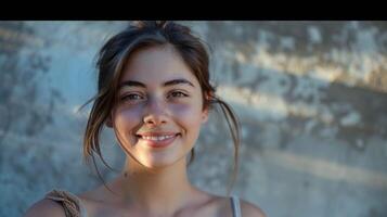 mooi jong vrouw in gewoontjes kleding glimlachen foto