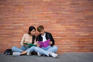 groep van jong interraciaal verschillend Universiteit studenten lezing leerboek en zittend buiten een klas onder een gebouw, innemend in een discussie samen, college campus, genieten van campus recreatie. foto