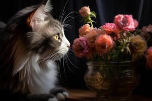 een kat zittend De volgende naar een kaars en bloemen foto