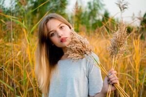 mooi jong meisje vervelend blanco grijs t-shirt en zwart jeans poseren tegen hoog groen en geel gras in vroeg warm herfst. buitenshuis portret van mooi vrouw model. foto