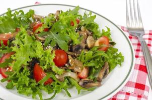 bord met vegetarische schotel van rucola, tomaten en champignons op witte achtergrond. studio foto