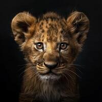 een baby leeuw is staren Bij de camera foto