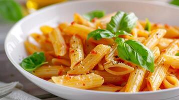 een bord van pasta met een genereus bedrag van basilicum Aan top foto