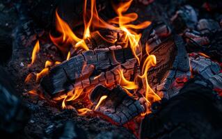 een stapel van hout met een veel van brand en rook foto