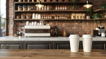 koffie winkel teller met blanco koffie kop mockup voor heet dranken foto