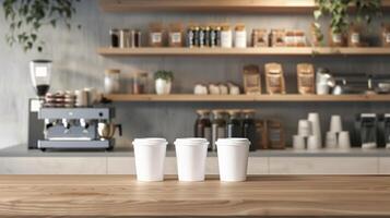 koffie winkel teller met blanco koffie kop mockup voor heet dranken foto