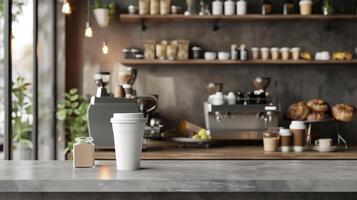 koffie winkel teller met blanco koffie kop mockup voor heet dranken foto