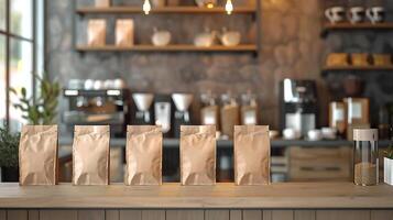 koffie winkel Scherm met blanco koffie zak mockup voor geheel Boon koffie in de cafe achtergrond foto