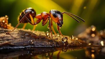 rood mieren zijn op zoek voor voedsel Aan groen takken. neurale netwerk foto