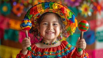 glimlachen Mexicaans meisje gekleed in traditioneel kleding Holding maracas. cinco de mayonaise. foto