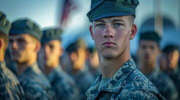 lijn van soldaten in camouflage uniformen staand plechtig Aan gedenkteken dag. patriottisch tafereel foto