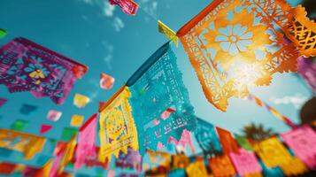 levendig Mexicaans papel picado fladderend tegen een Doorzichtig blauw lucht. cinco de mayo spandoek. foto