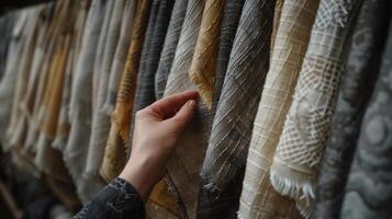 een hand- selecteren wol kleding stof monsters in neutrale tonen. elegantie voor op maat gemaakt kleding. foto